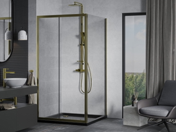 Mexen Apia Schiebeduschkabine 100 x 100 cm, transparent, gold + Flat Duschwanne, schwarz - 840-100-100-50-00-4070G