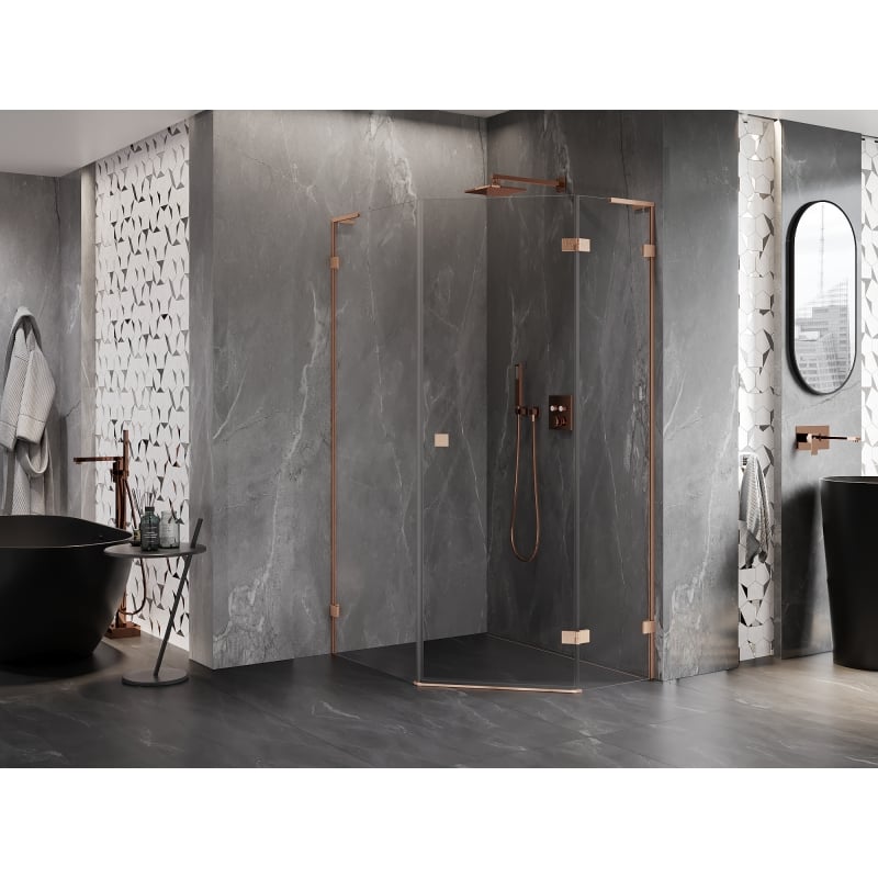 Mexen Lunar L fünfeckige Duschkabine, rechts schwenkbar, 90 x 100 cm, transparent, gebürstetes Kupfer - 831L-090P-100L-65-00-P