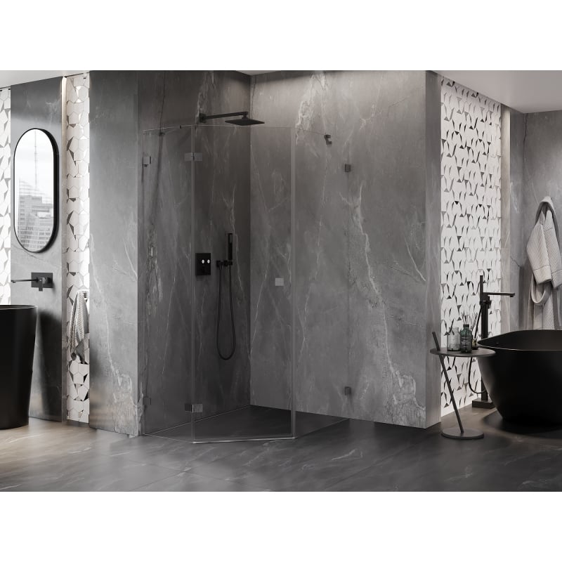 Mexen Lunar fünfeckige Duschkabine, links drehbar 80 x 100 cm, transparent, gebürstetes Gewehrgrau - 831-080L-100P-66-00-L