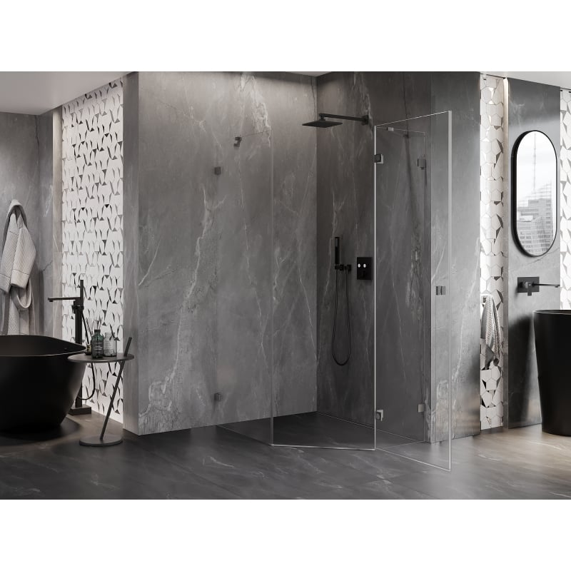 Mexen Lunar Fünfeck-Duschkabine rechts öffnend 90 x 100 cm, transparent, gebürstet Gun Gray - 831-090P-100L-66-00-P