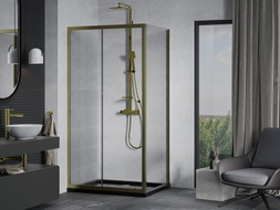 Mexen Apia Schiebeduschkabine 110 x 90 cm, transparent, gold + Flat Duschwanne, schwarz - 840-110-090-50-00-4070G