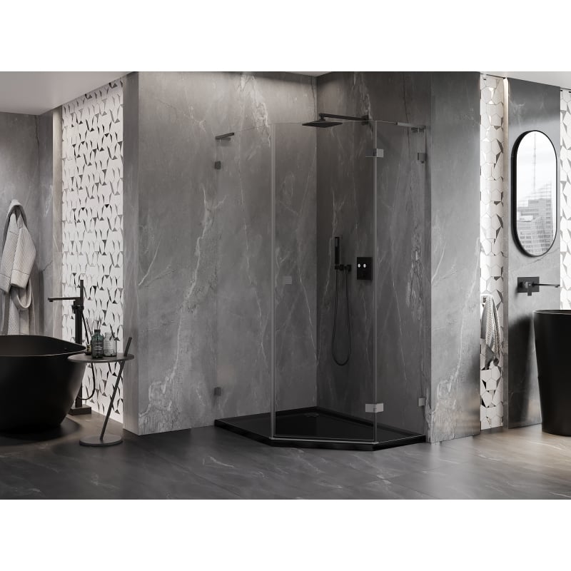 Mexen Lunar L Fünfeck-Duschkabine, rechts öffnend, 90 x 100 cm, transparent, Gun Metal - 831L-090P-100L-95-00-P