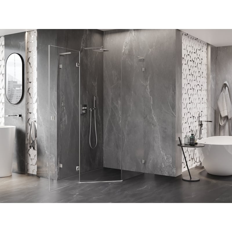 Mexen Lunar L fünfeckige Duschkabine, links öffnend, 80 x 90 cm, transparent, gebürsteter Nickel - 831L-080L-090P-97-00-L