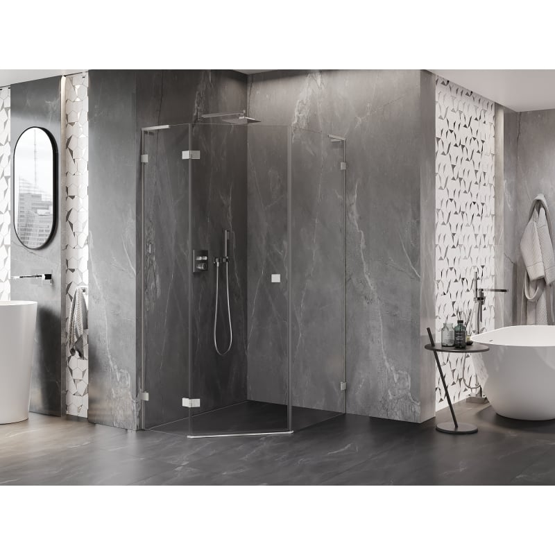 Mexen Lunar L fünfeckige Duschkabine, links öffnend, 80 x 90 cm, transparent, gebürsteter Nickel - 831L-080L-090P-97-00-L