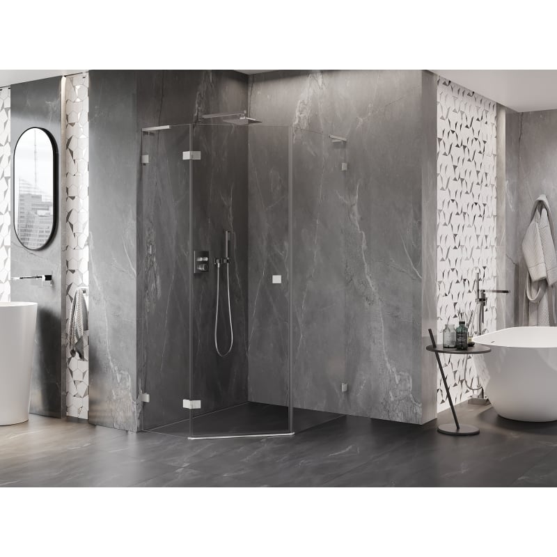 Mexen Lunar L fünfeckige Duschkabine, links öffnend, 80 x 90 cm, transparent, gebürsteter Nickel - 831L-080L-090P-97-00-L