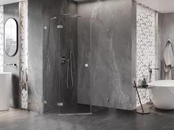 Mexen Lunar fünfeckige, links schwenkbare Duschkabine 90 x 100 cm, transparent, gebürstetes Nickel - 831-090L-100P-97-00-L