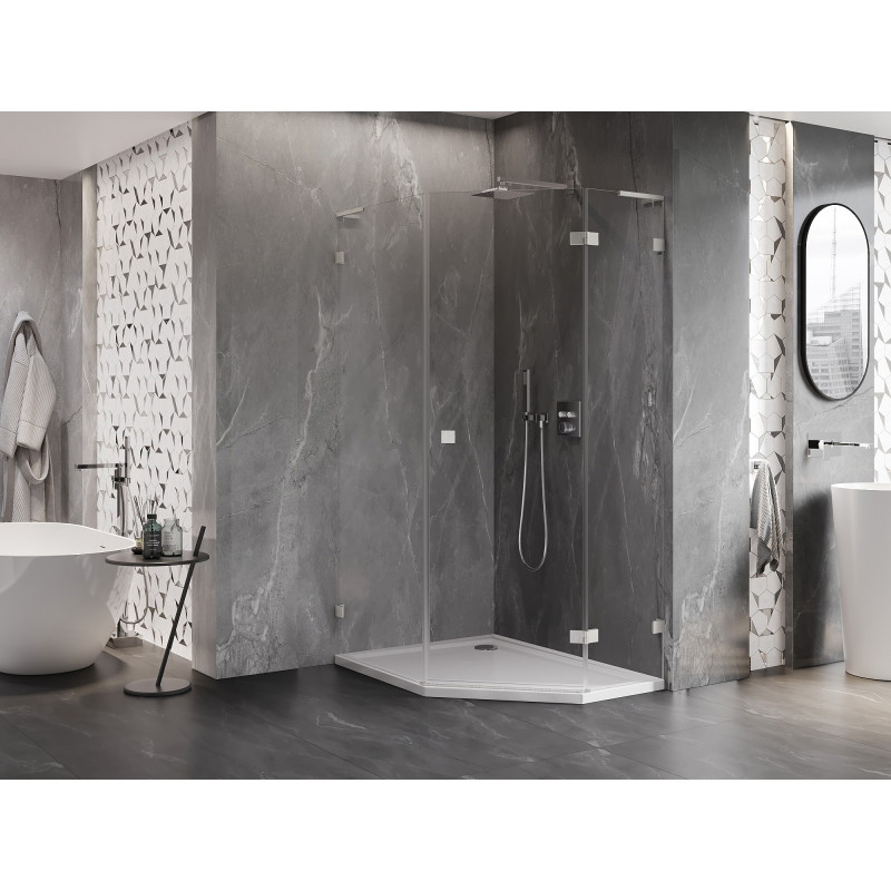 Mexen Lunar L Fünfeck-Duschkabine mit rechts angeschlagener Tür 80 x 90 cm, transparent, gebürsteter Nickel