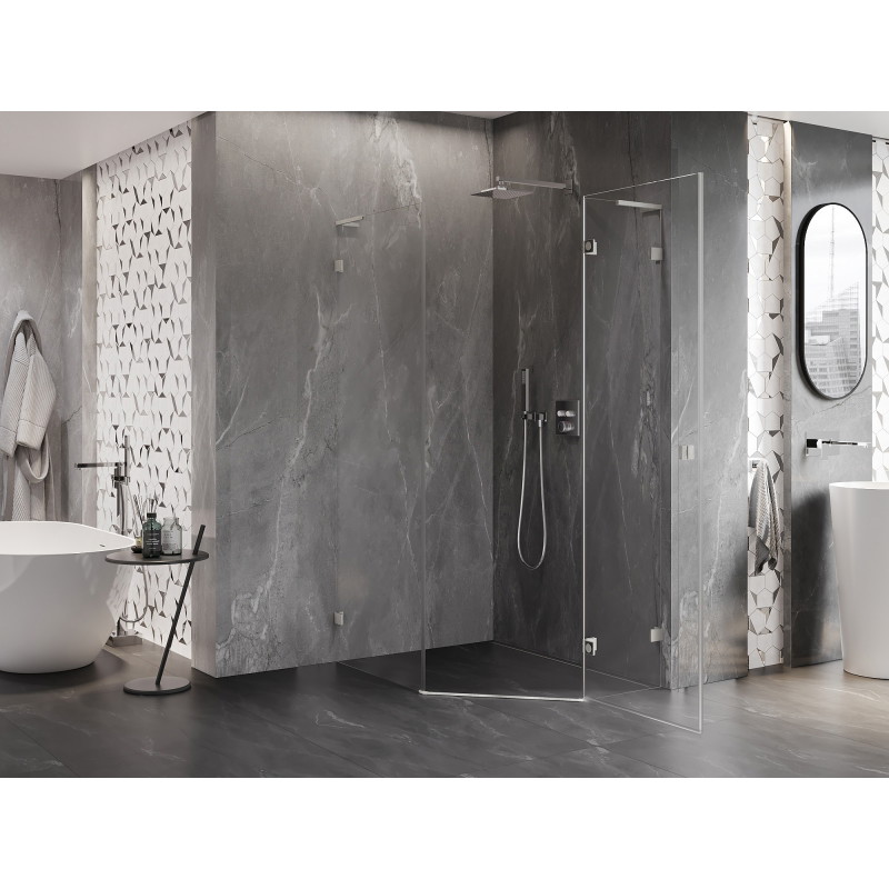 Mexen Lunar L Fünfeck-Duschkabine mit rechts angeschlagener Tür 80 x 90 cm, transparent, gebürsteter Nickel