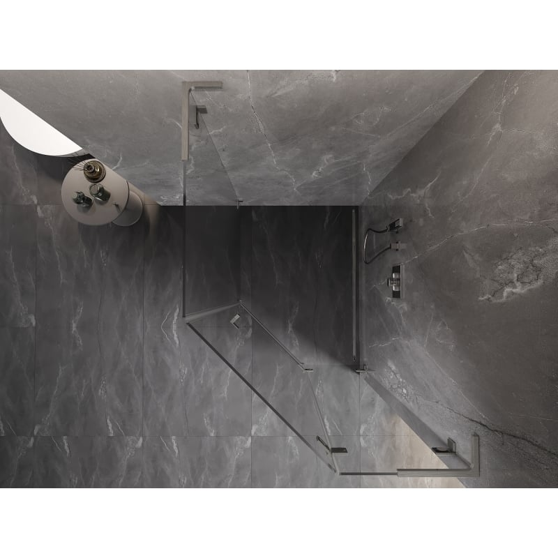 Mexen Lunar L Fünfeck-Duschkabine mit rechts angeschlagener Tür 80 x 90 cm, transparent, gebürsteter Nickel