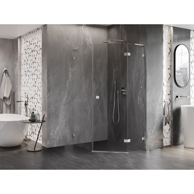 Mexen Lunar L Fünfeck-Duschkabine, rechts öffnend, 80x100 cm, transparent, gebürsteter Nickel - 831L-080P-100L-97-00-P
