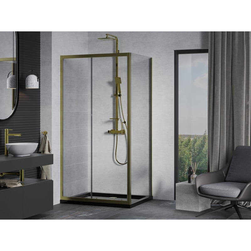 Mexen Apia Duschkabine schiebbar 120 x 100 cm, transparent, gold + Duschwanne Flat, schwarz - 840-120-100-50-00-4070G