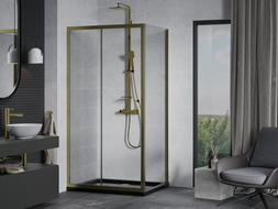 Mexen Apia Duschkabine Schiebetür 130 x 90 cm, transparent, gold + Duschwanne Flat, schwarz - 840-130-090-50-00-4070G