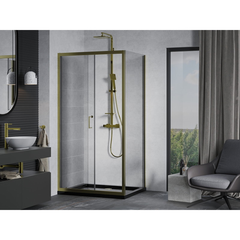 Mexen Apia Schiebeduschkabine 130 x 100 cm, transparent, gold + Duschwanne Flat, schwarz - 840-130-100-50-00-4070G