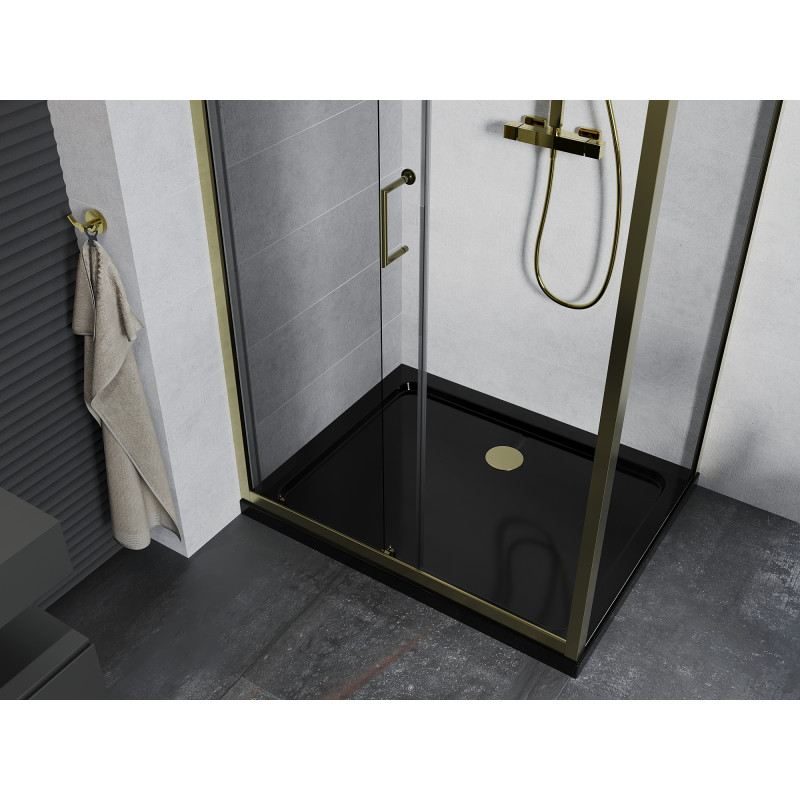 Mexen Apia schiebbare Duschkabine 130 x 100 cm, transparent, gold + Flat-Duschtasse, schwarz - 840-130-100-50-00-4070G