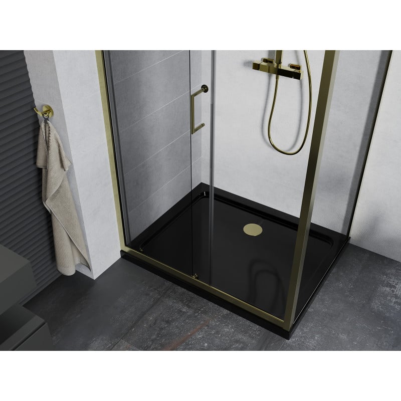 Mexen Apia Schiebeduschkabine 140 x 90 cm, transparent, gold + Duschwanne Flat, schwarz - 840-140-090-50-00-4070G