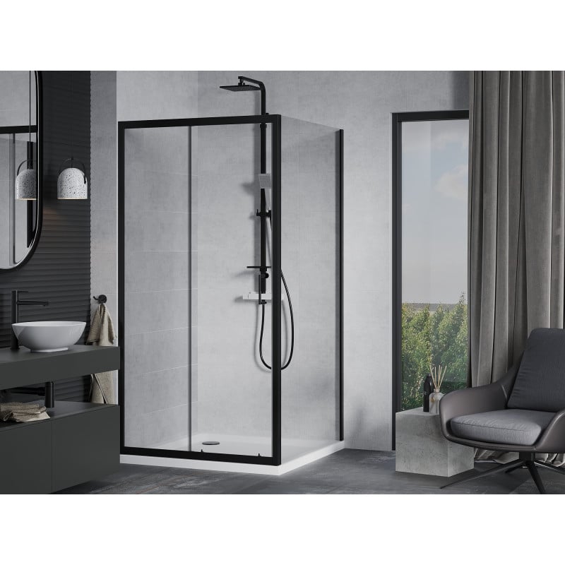 Mexen Apia Duschkabine Schiebetür 90 x 90 cm, transparent, schwarz + Flat Duschwanne, weiß - 840-090-090-70-00-4010B