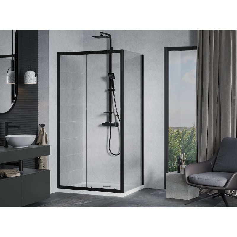 Mexen Apia Duschkabine zum Schieben 120 x 80 cm, transparent, schwarz + Flat Duschwanne, weiß- 840-120-080-70-00-4010B