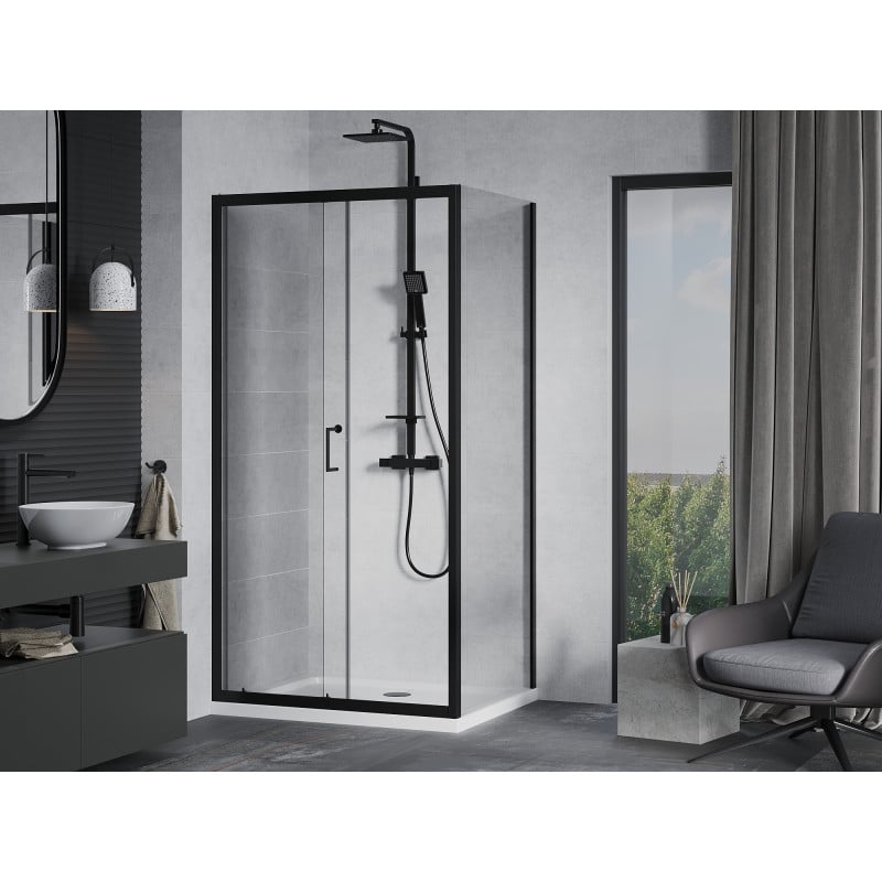 Mexen Apia Duschkabine Schiebetür 130 x 80 cm, transparent, schwarz + Duschwanne Flat, weiß - 840-130-080-70-00-4010B