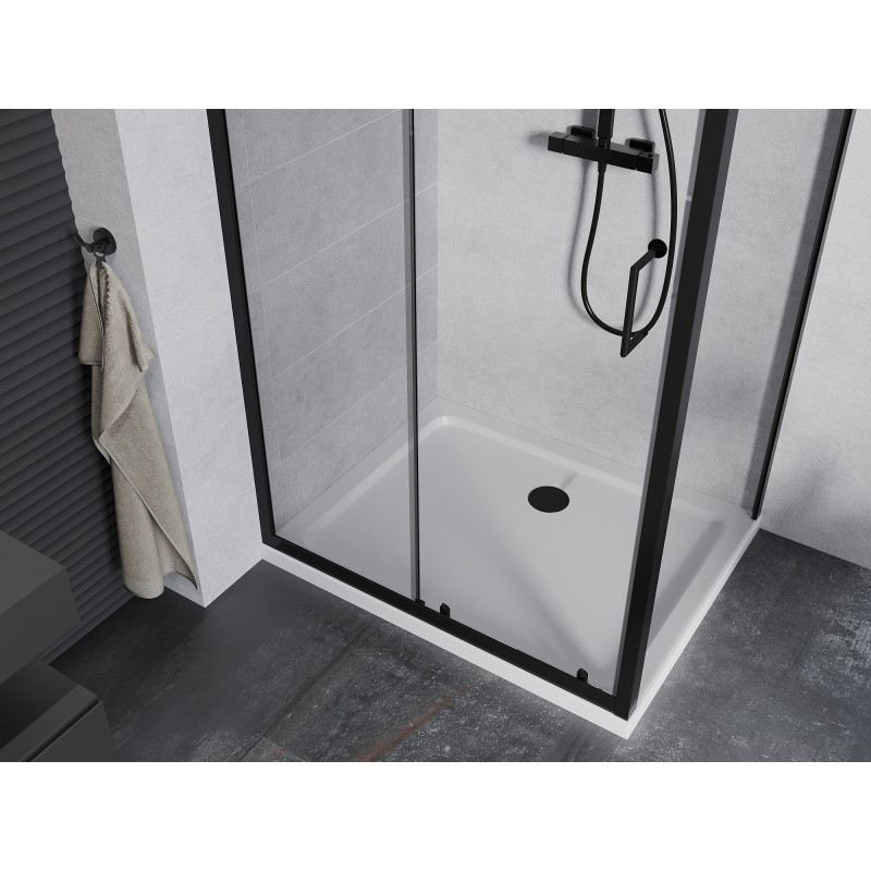 Mexen Apia Schiebeduschkabine 140 x 80 cm, transparent, schwarz + Duschwanne Flat, weiß - 840-140-080-70-00-4010B
