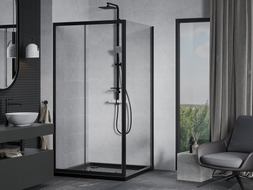 Mexen Apia Duschkabine Schiebetür 90 x 90 cm, transparent, schwarz + Duschwanne Flat, schwarz - 840-090-090-70-00-4070B