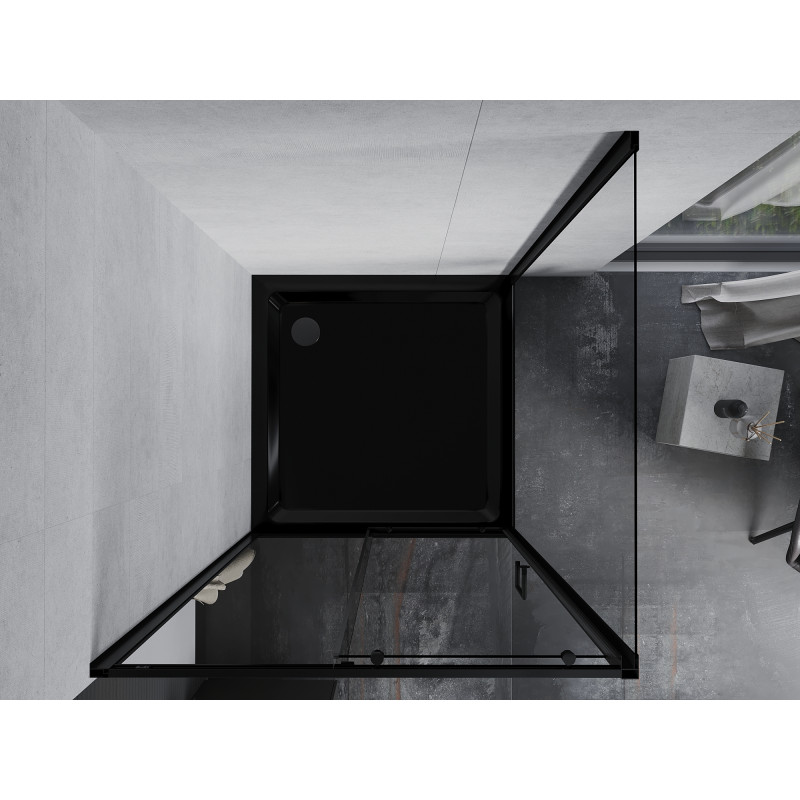 Mexen Apia verschiebbare Duschkabine 90 x 90 cm, transparent, schwarz + Flat-Duschwanne, schwarz - 840-090-090-70-00-4070B