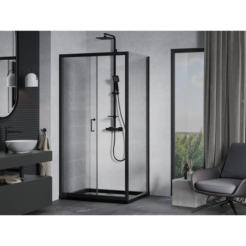Mexen Apia Duschkabine zum Schieben 90 x 100 cm, transparent, schwarz + Flachwanne, schwarz - 840-090-100-70-00-4070B