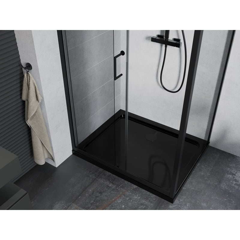 Mexen Apia Duschkabine schiebbar 100 x 90 cm, transparent, schwarz + Duschwanne Flat, schwarz - 840-100-090-70-00-4070B