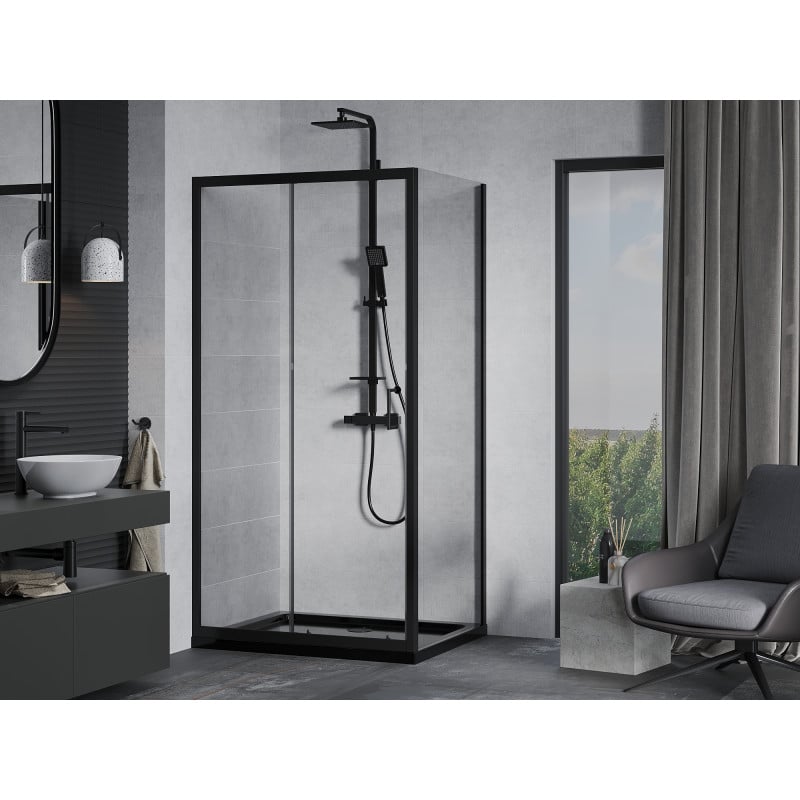 Mexen Apia Duschkabine schiebbar 100 x 90 cm, transparent, schwarz + Duschwanne Flat, schwarz - 840-100-090-70-00-4070B
