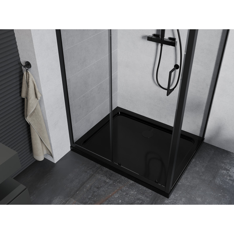 Mexen Apia Duschkabine schiebbar 100 x 90 cm, transparent, schwarz + Duschwanne Flat, schwarz - 840-100-090-70-00-4070B