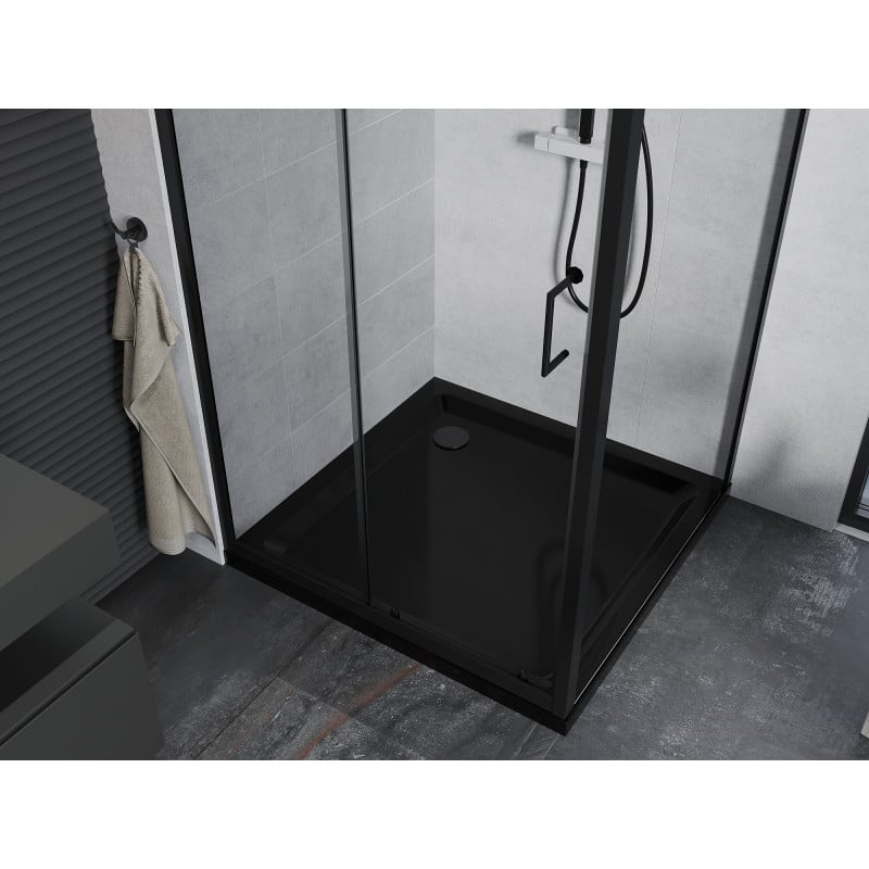 Mexen Apia Duschkabine zum Schieben 100 x 100 cm, transparent, schwarz + Duschwanne Flat, schwarz - 840-100-100-70-00-4070B