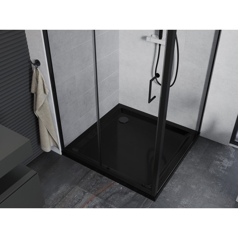 Mexen Apia Schiebeduschkabine 100 x 100 cm, transparent, schwarz + Flat Duschwanne, schwarz - 840-100-100-70-00-4070B