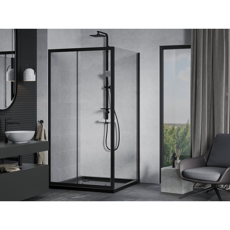 Mexen Apia Schiebedusche 100 x 100 cm, transparent, schwarz + Duschwanne Flat, schwarz - 840-100-100-70-00-4070B