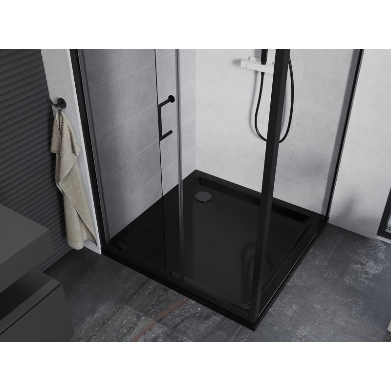 Mexen Apia Duschkabine zum Schieben 100 x 100 cm, transparent, schwarz + Duschwanne Flat, schwarz - 840-100-100-70-00-4070B