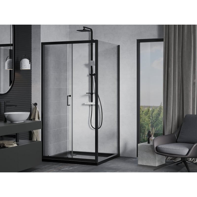 Mexen Apia Duschkabine zum Schieben 100 x 100 cm, transparent, schwarz + Duschwanne Flat, schwarz - 840-100-100-70-00-4070B