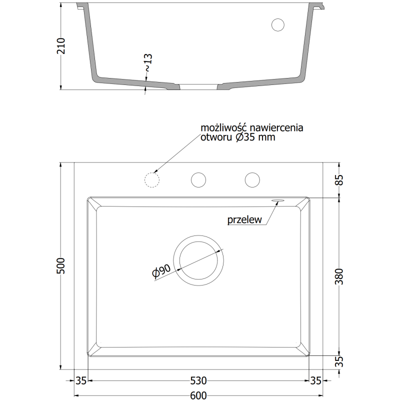 Mexen Elix Granitspüle 1-Becken 600 x 500 mm, grau, Chrom Siphon - 6525601005-71