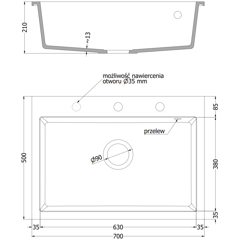 Mexen Elix Granitspüle 1-beckig 700 x 500 mm, schwarz, Siphon Chrom - 6526701005-77