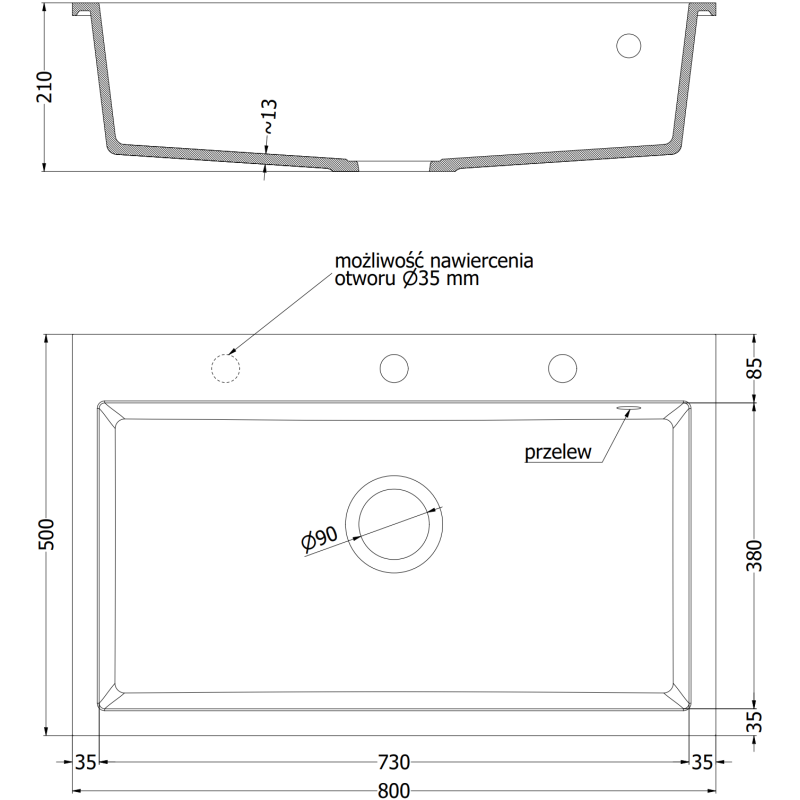 Mexen Elix Granitspüle 1-becken 800 x 500 mm, weiß, goldener Siphon - 6527801005-20-G