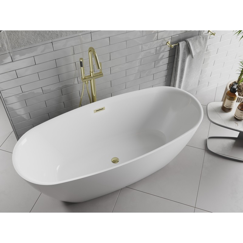 Mexen Luvo Slim freistehende Badewanne 170 x 75 cm, weiß, Überlauf gold - 52801707500-50