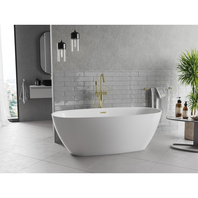 Mexen Luvo Slim freistehende Badewanne 170 x 75 cm, weiß, Überlauf gold - 52801707500-50