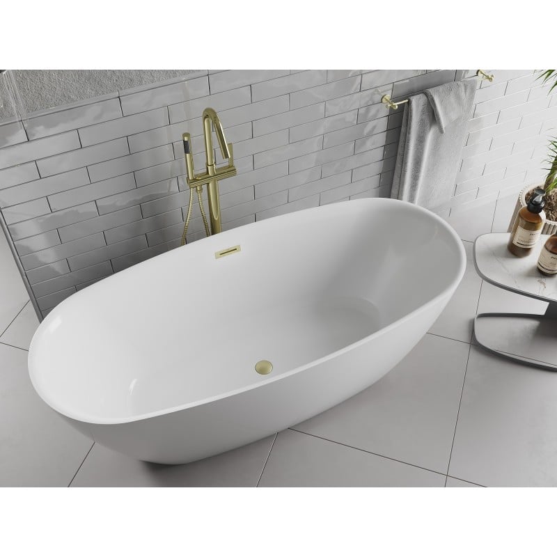Mexen Luvo Slim freistehende Wanne 170 x 75 cm, weiß, Überlauf gebürstetes Gold - 52801707500-55