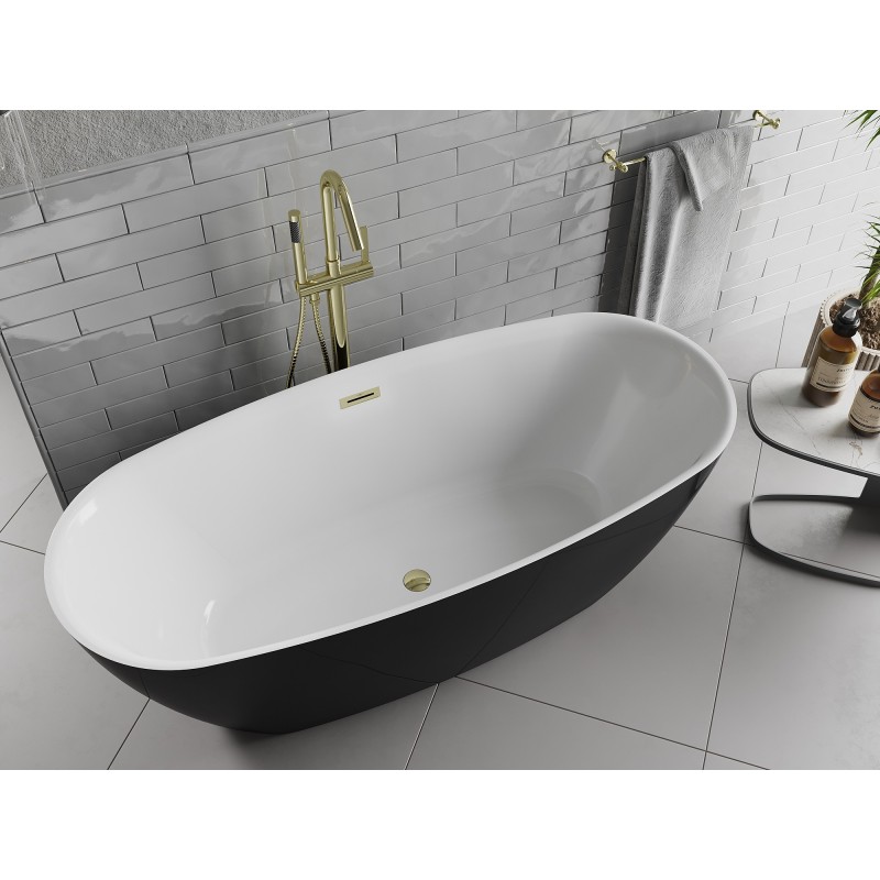 Mexen Luvo Slim freistehende Wanne 170 x 75 cm, weiß/schwarz, Überlauf gold - 52801707575-50