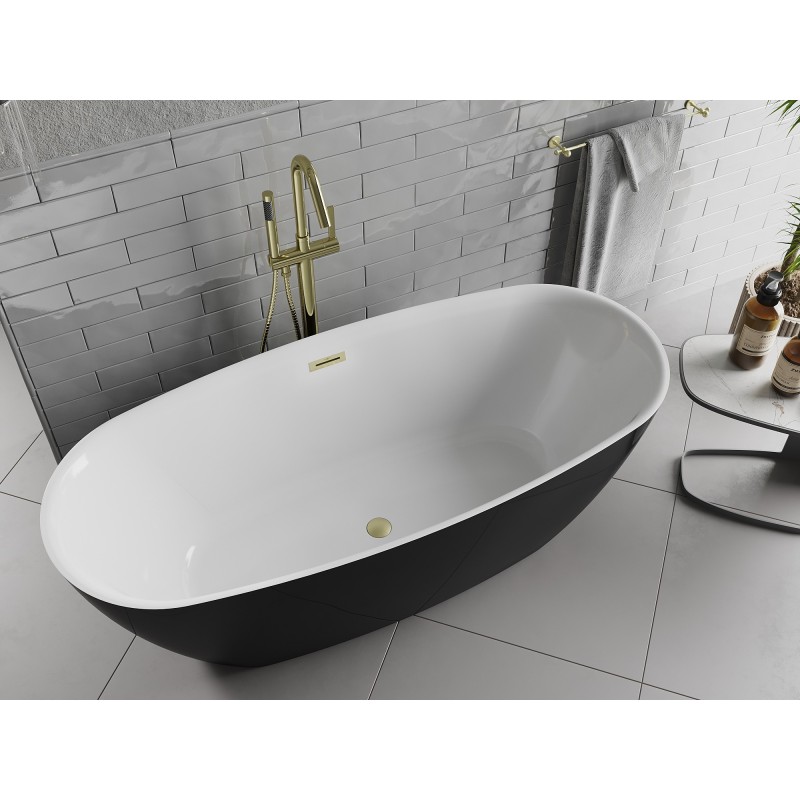 Mexen Luvo Slim freistehende Badewanne 170 x 75 cm, weiß/schwarz, Überlauf gold gebürstet - 52801707575-55