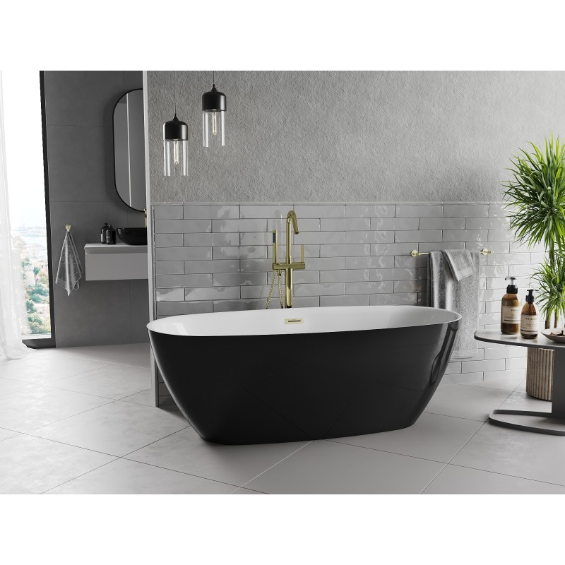 Mexen Luvo Slim freistehende Badewanne 170 x 75 cm, weiß/schwarz, Überlauf gold gebürstet - 52801707575-55