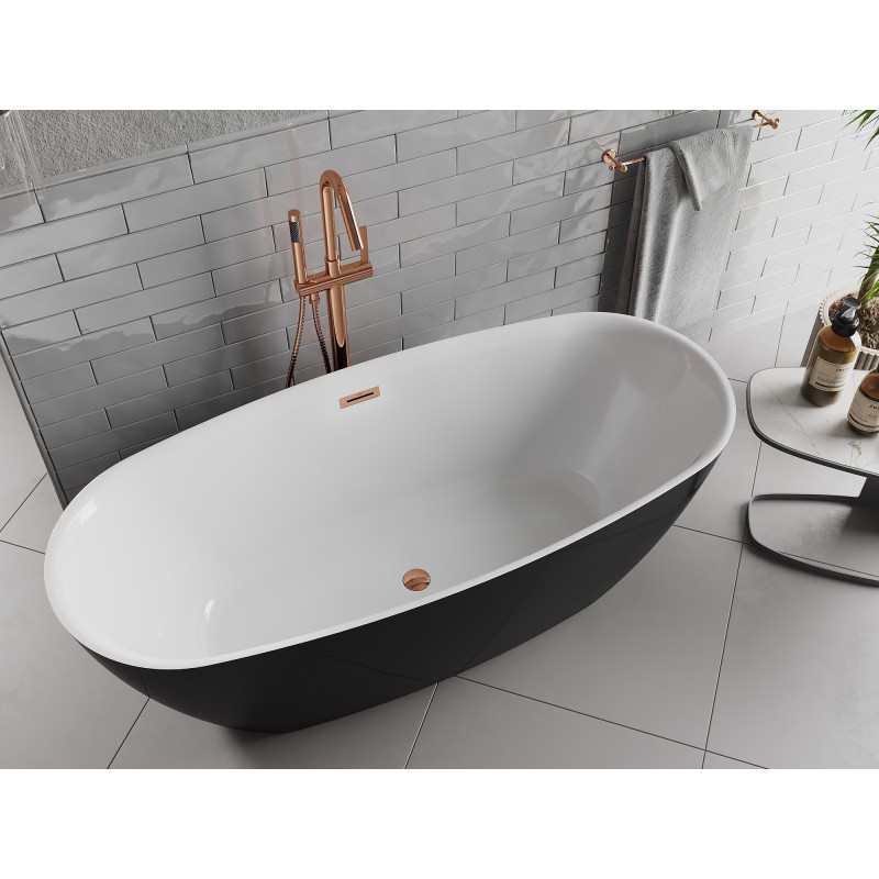 Mexen Luvo Slim freistehende Badewanne 170 x 75 cm, weiß/schwarz, Überlauf roségold - 52801707575-60