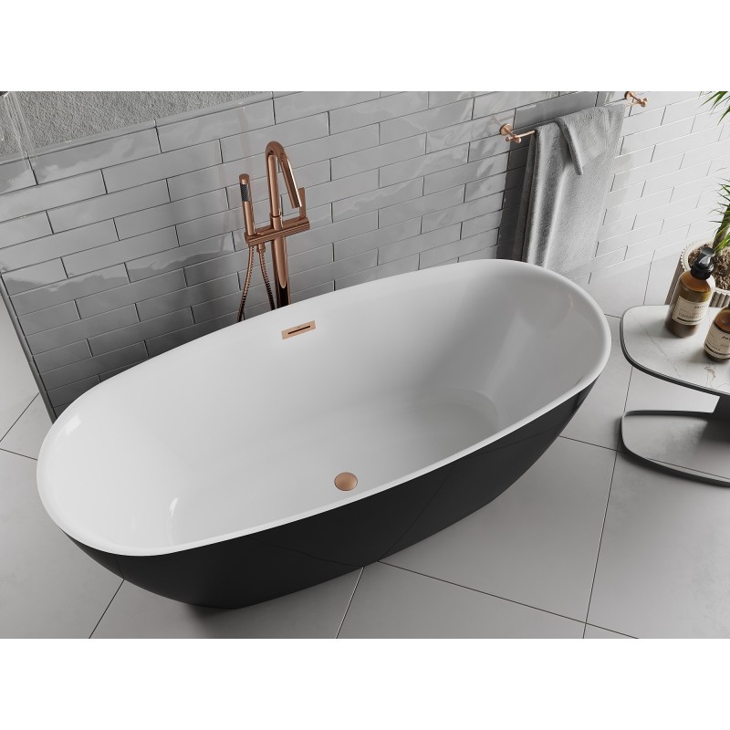 Mexen Luvo Slim freistehende Badewanne 170 x 75 cm, weiß/schwarz, Überlauf aus gebürstetem Kupfer - 52801707575-65