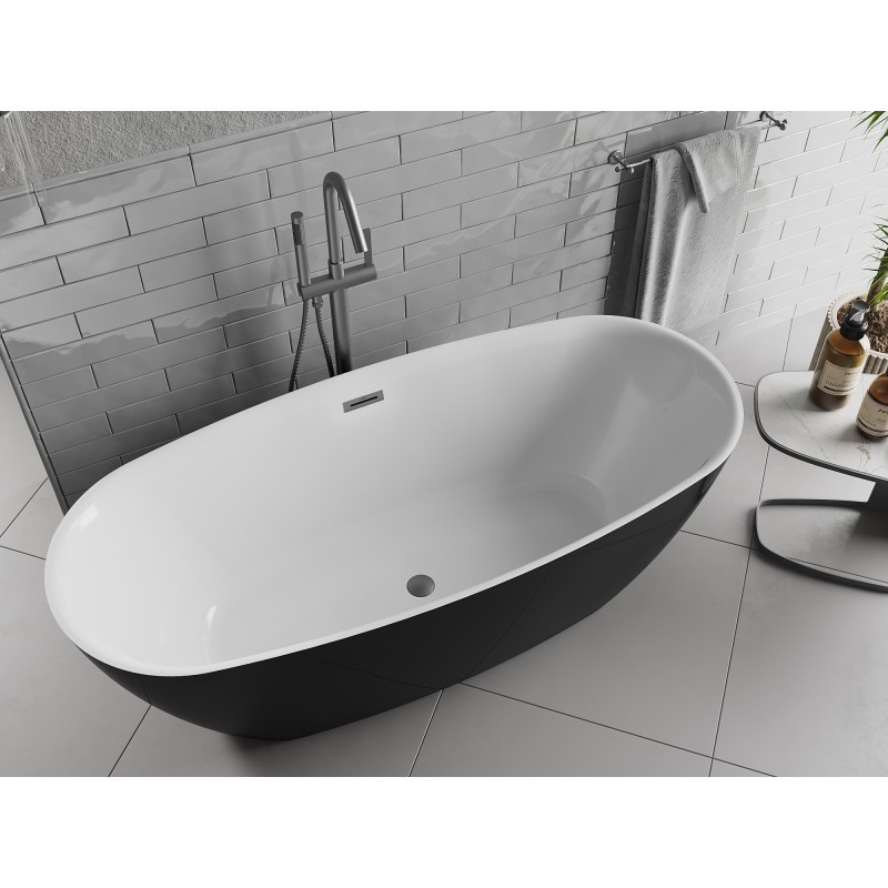 Mexen Luvo Slim freistehende Badewanne 170 x 75 cm, weiß/schwarz, Überlauf gun gray gebürstet - 52801707575-66