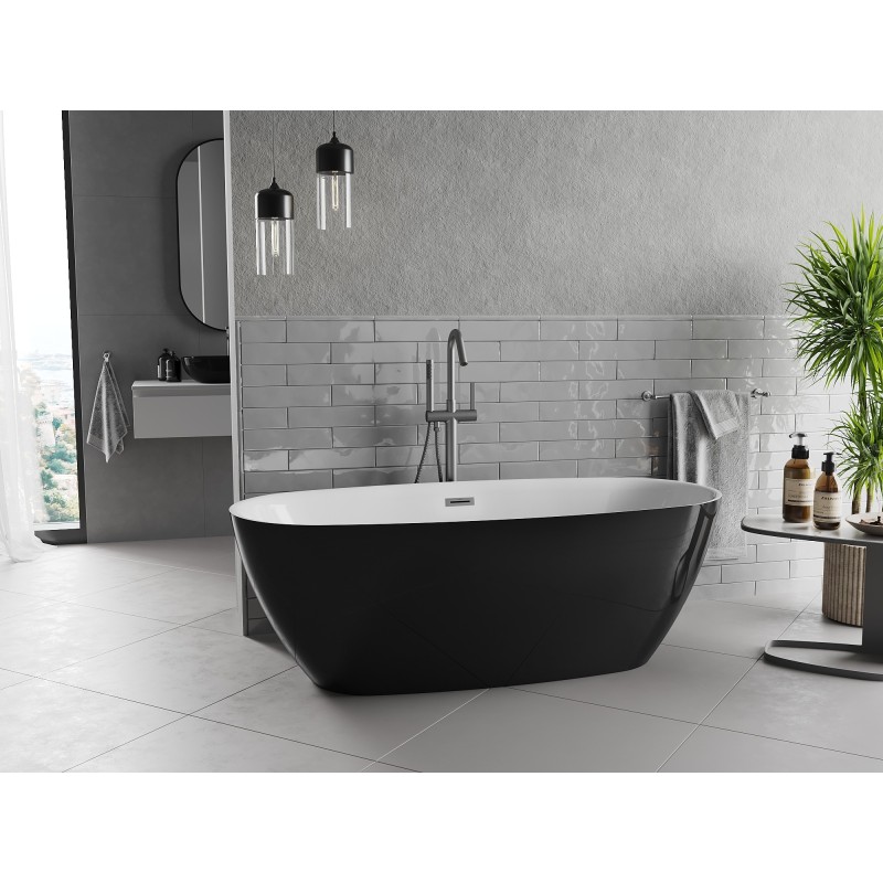 Mexen Luvo Slim freistehende Badewanne 170 x 75 cm, weiß/schwarz, Überlauf gun gray gebürstet - 52801707575-66
