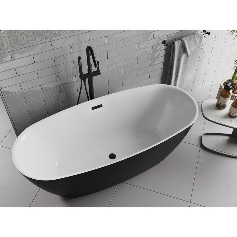 Mexen Luvo Slim freistehende Badewanne 170 x 75 cm, weiß/schwarz, Überlauf schwarz - 52801707575-70