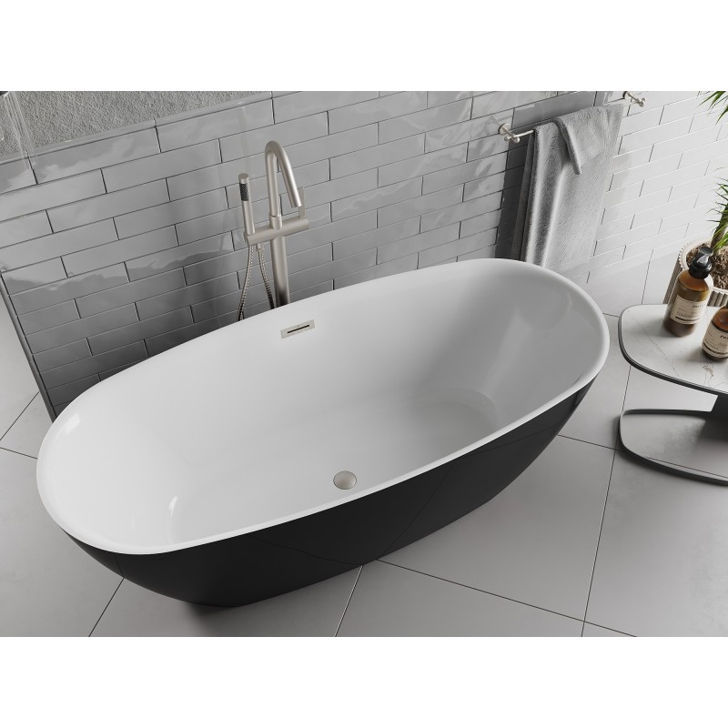 Mexen Luvo Slim freistehende Badewanne 170 x 75 cm, weiß/schwarz, Überlauf gebürstetes Nickel - 52801707575-97