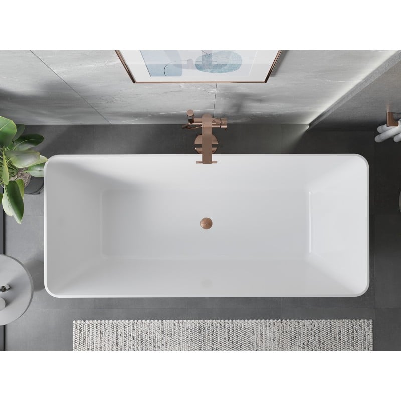 Mexen Velo Slim freistehende Badewanne 170 x 75 cm, weiß/schwarz, Überlauf gebürstetes Kupfer - 52811707575-65